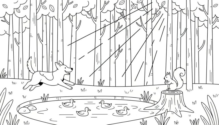 Kleurplaat van een boslandschap met een rennende hond links, een zittende eekhoorn rechts, vier zwemmende eenden in een waterplas in het midden, en hoge bomen op de achtergrond met zonnestralen.