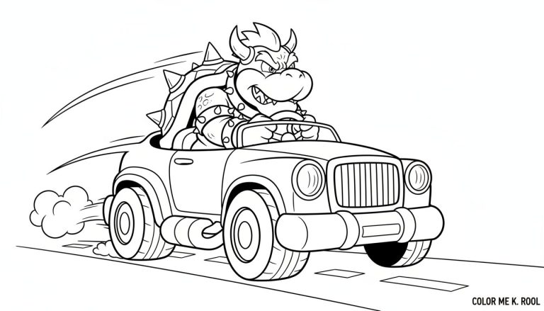 Zwart-wit lijntekening van Bowser die dreigend lachend in een open auto rijdt, met snelheidslijnen en rook achter het wiel. Rechtsonder de tekst 'COLOR ME K. ROOL'.