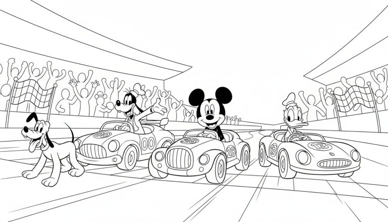 Kleurplaat van een Disney autorace met Mickey Mouse, Goofy en Donald Duck in raceauto's, en Pluto die langs de baan rent, met juichend publiek en geblokte vlaggen.
