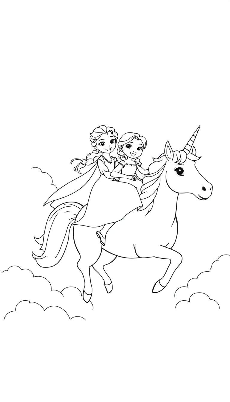 Een zwart-wit lijntekening van prinses Elsa en Anna die samen op een eenhoorn vliegen, omringd door wolken.