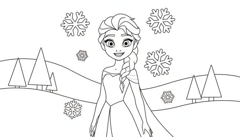Kleurplaat van Elsa uit Frozen, lachend in een besneeuwd landschap met sneeuwvlokken en bomen.