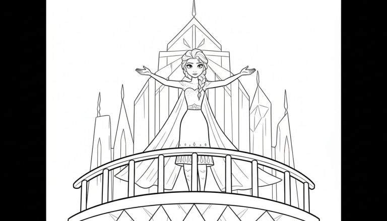 Zwart-wit lijntekening van Disney's Elsa, staand op een balkon met haar armen wijd uitgestrekt, met een indrukwekkend ijskasteel op de achtergrond. Geschikt als kleurplaat.