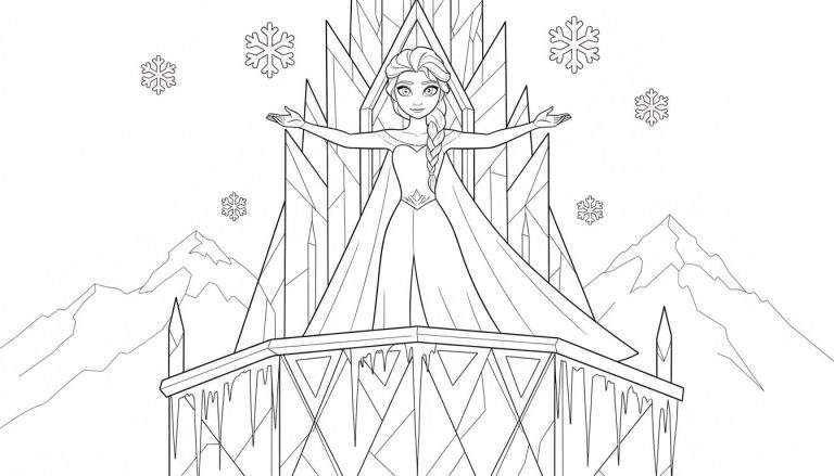 Zwart-wit kleurplaat van een jonge vrouw, vergelijkbaar met Elsa, met een vlecht en lange jurk, staand op een balkon met ijspegels. Op de achtergrond zie je een ijspaleis en besneeuwde bergen, met sneeuwvlokken in de lucht.