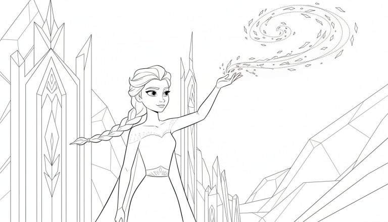 Kleurplaat van Elsa met haar handen omhoog, waaruit ijsmagie stroomt in een spiraal van kristallen, met een achtergrond van geometrische ijsformaties.