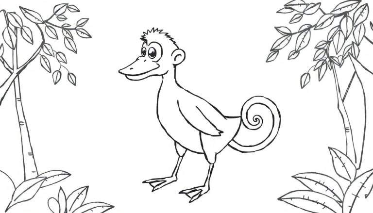 Kleurplaat van een fantasiedier met een eendensnavel, zwemvliezen, aapachtige ogen en oren, stekelig haar, kleine vleugels en een gekrulde staart, in een bosrijke omgeving.