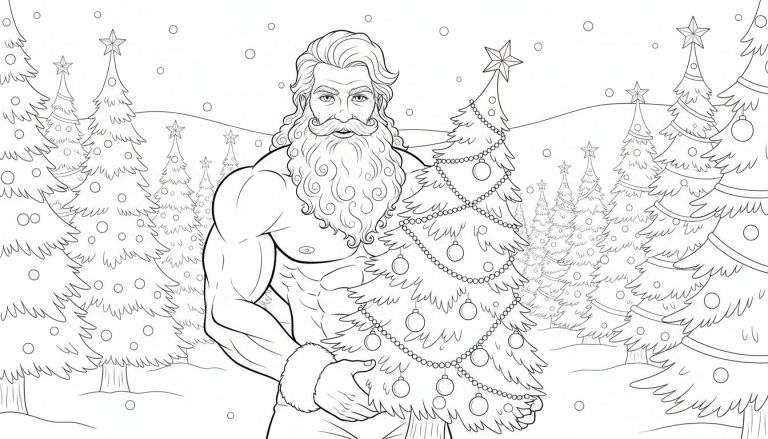 Zwart-wit lijntekening van een gespierde Kerstman met baard en golvend haar, die een kleine versierde kerstboom vasthoudt in een winterlandschap met dennenbomen en vallende sneeuw.