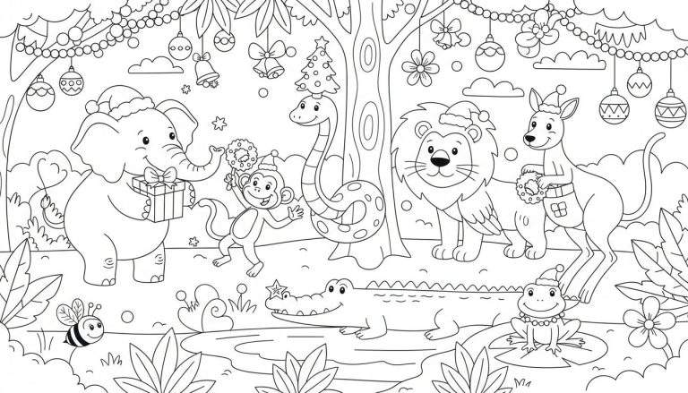 Kleurplaat van dieren in een jungle met kerstversieringen: olifant met cadeaus, aap met krans, slang om boomstronk met kerstboom, leeuw, kangoeroe met krans, krokodil met ster, en kikker met parelketting.