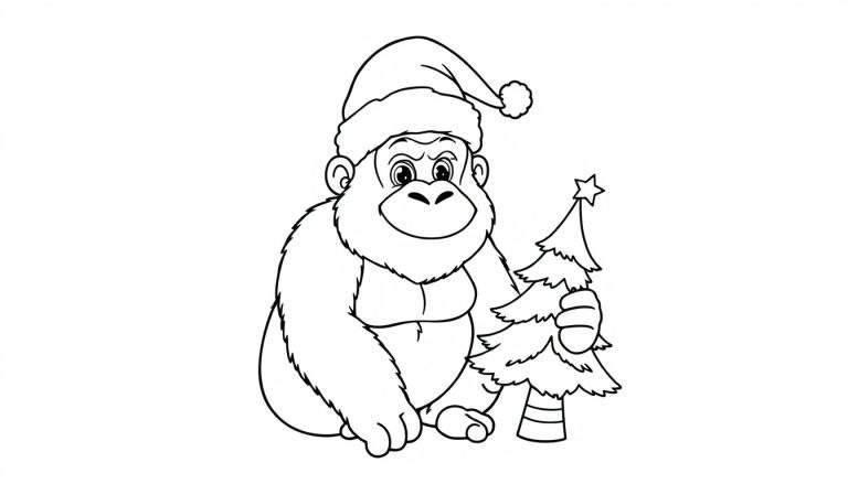 Zwart-wit kleurplaat van een lachende gorilla met een kerstmuts en een kerstboom.