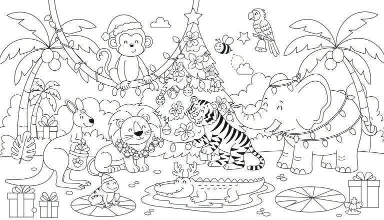 Zwart-wit lijntekening van een jungle met kerstversiering en dieren die kerst vieren.