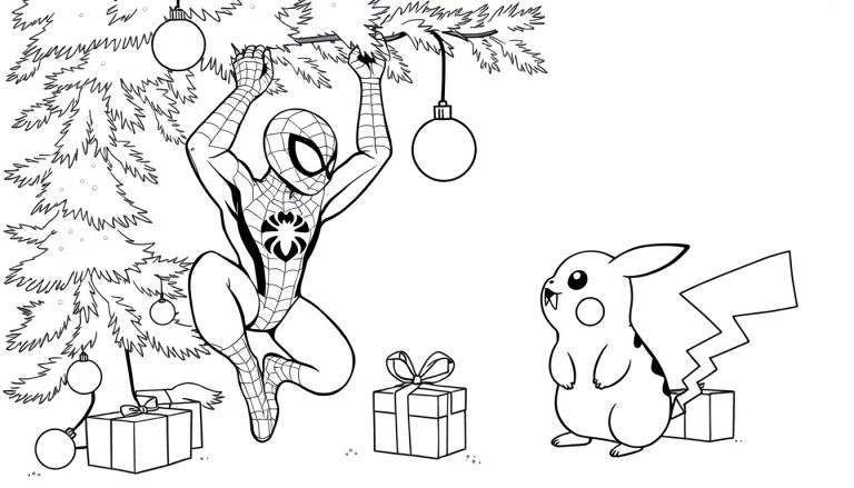 Zwart-wit kleurplaat met een kerstboom, Spider-Man hangend aan een tak en Pikachu die omhoog kijkt.
