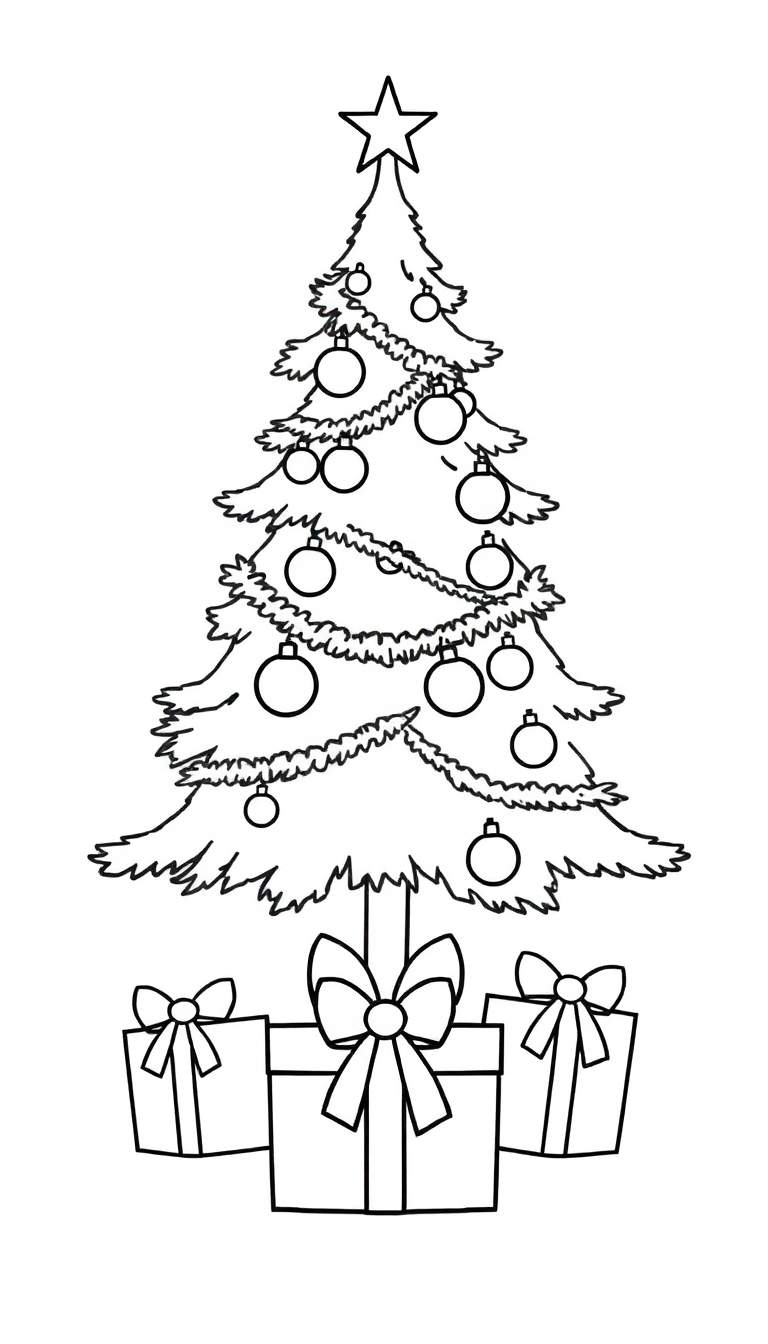 Kleurplaat van een versierde kerstboom met slingers, kerstballen, een ster bovenaan en drie cadeaus met strikken eronder.