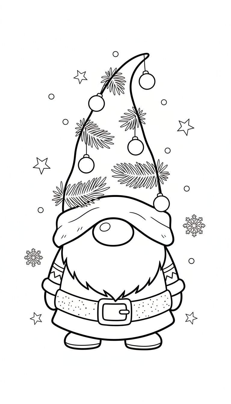 Zwart-wit lijntekening van een vriendelijke kabouter met een kerstmuts, sterren en sneeuwvlokken als kleurplaat.