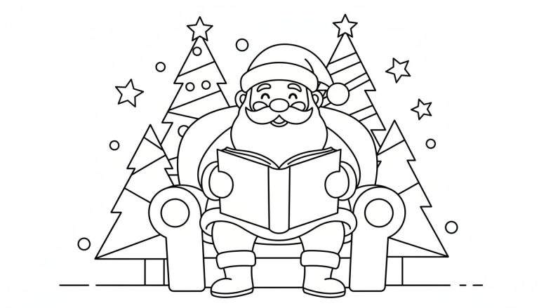 Zwart-wit lijntekening van een lachende Kerstman met baard en muts, zittend in een fauteuil met een boek. Twee kerstbomen met sterren en ballen staan achter hem. Sterren en cirkels zweven rondom.