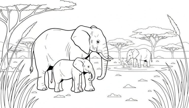 Kleurplaat lijntekening van drie olifanten in een Afrikaanse savanne, met acaciabomen, hoog gras en een waterpoel.