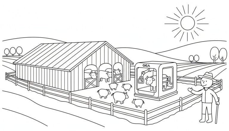 Kleurplaat van een boerderijlandschap met koeien, een stal, een GEA melkrobot en een boer die zwaait.