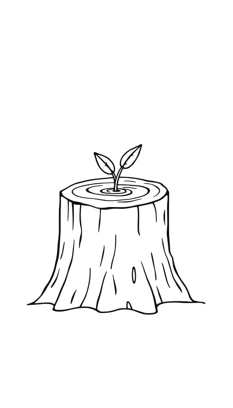 Zwart-wit lijntekening van een boomstronk met een jong plantje dat eruit groeit. De boomstronk heeft zichtbare jaarringen en schorslijnen, het plantje heeft twee blaadjes en wordt omringd door kleine cirkels.