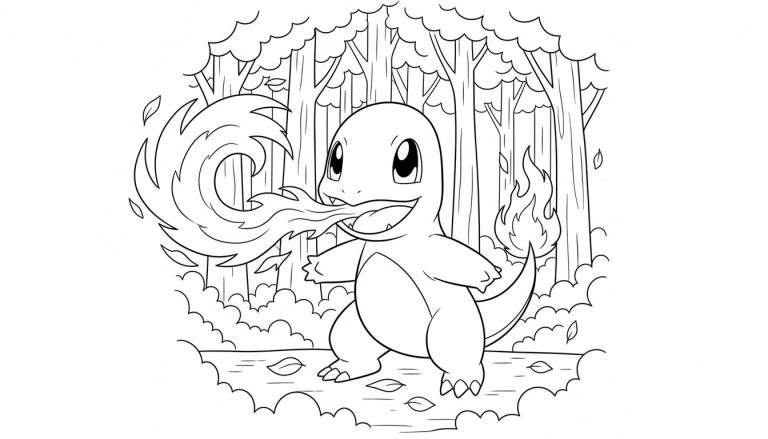 Kleurplaat van Charmander die een grote vlam uit zijn mond spuwt, met een vlam op zijn staart, staand in een bosrijke omgeving met bomen en bladeren.
