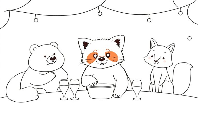 Kleurplaat van drie antropomorfe dieren: een lachende beer, een rode panda die uit een kom eet, en een lachende vos, samen aan tafel onder een slinger met lampjes. Er staan glazen op tafel.