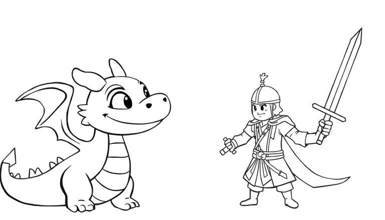 Zwart-wit kleurplaat van een vriendelijke draak die naar een ridder kijkt die klaarstaat met zijn zwaard.