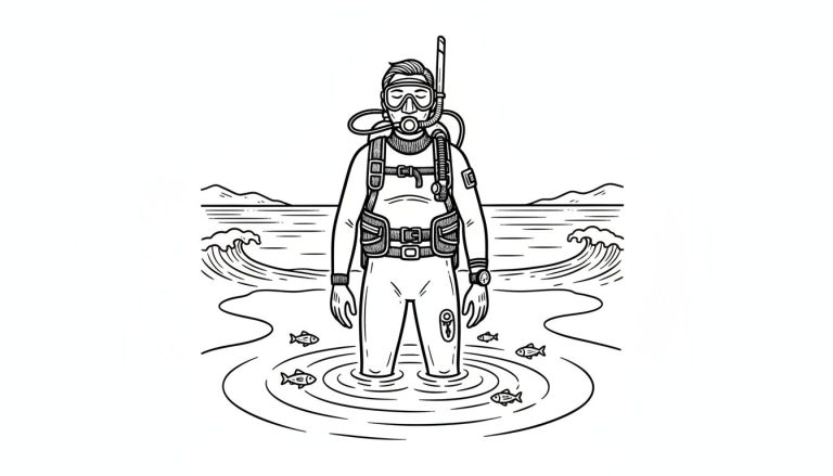 Een zwart-wit lijntekening van een duiker die tot zijn kuiten in het water staat, met een duikfles, masker en snorkel. Kleine vissen zwemmen rond zijn benen in de rimpelingen. Op de achtergrond de zee met golven en bergen.