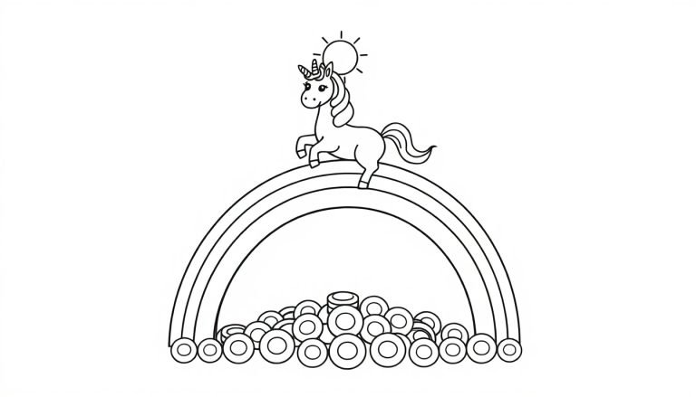 Zwart-wit lijntekening van een eenhoorn die op een regenboog staat met een zonnetje erboven en een stapel munten eronder.