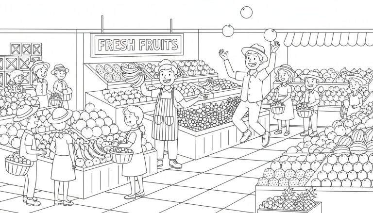 Zwart-wit kleurplaat van een levendige fruitmarkt met verkopers, klanten, mandjes vol appels, sinaasappels, bananen, watermeloenen en ananassen. Een verkoper met schort houdt bananen omhoog en een jong meisje met een mandje luistert. Een man met een hoed jongleert met fruit.