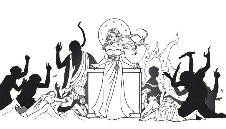 Zwart-wit illustratie van een sereen vrouwelijk figuur in het midden, omringd door chaotische silhouetten van rebellerende mensen, demonische figuren en vlammen. Het beeld symboliseert de strijd tussen orde en chaos.