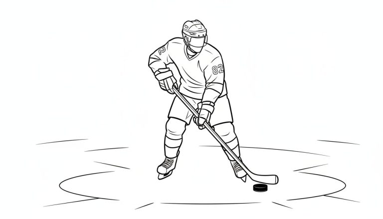 Zwart-witte lijntekening van een ijshockey speler met helm, handschoenen, nummer 2/82 op shirt, schaatsen en stick, gebogen over een puck op het ijs.