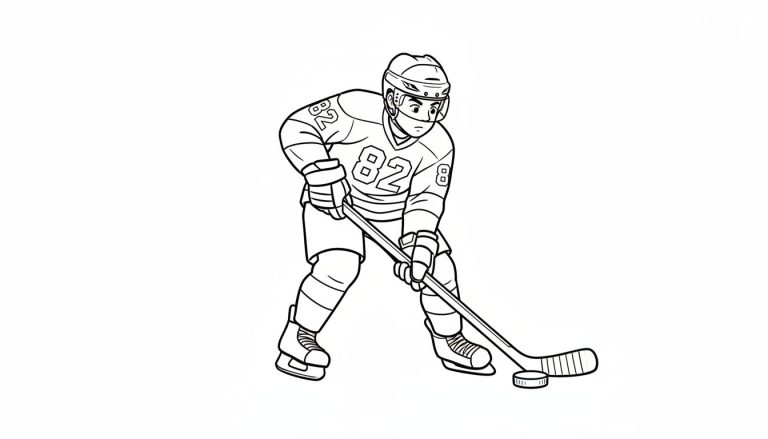 Zwart-wit lijntekening van een ijshockeyer met helm, shirt met nummer 82, handschoenen, broek en schaatsen, klaar om een puck te spelen.