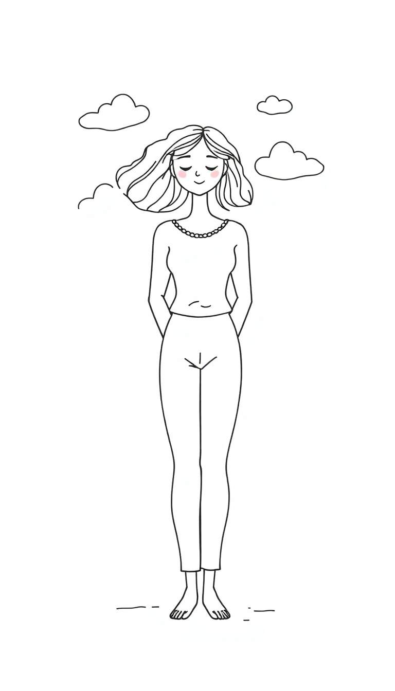 Zwart-wit lijntekening van een jonge vrouw met gesloten ogen, een glimlach, golvend haar, kralenketting en een roze blos op de wangen, staand met handen achter de rug en omringd door kleine wolken.