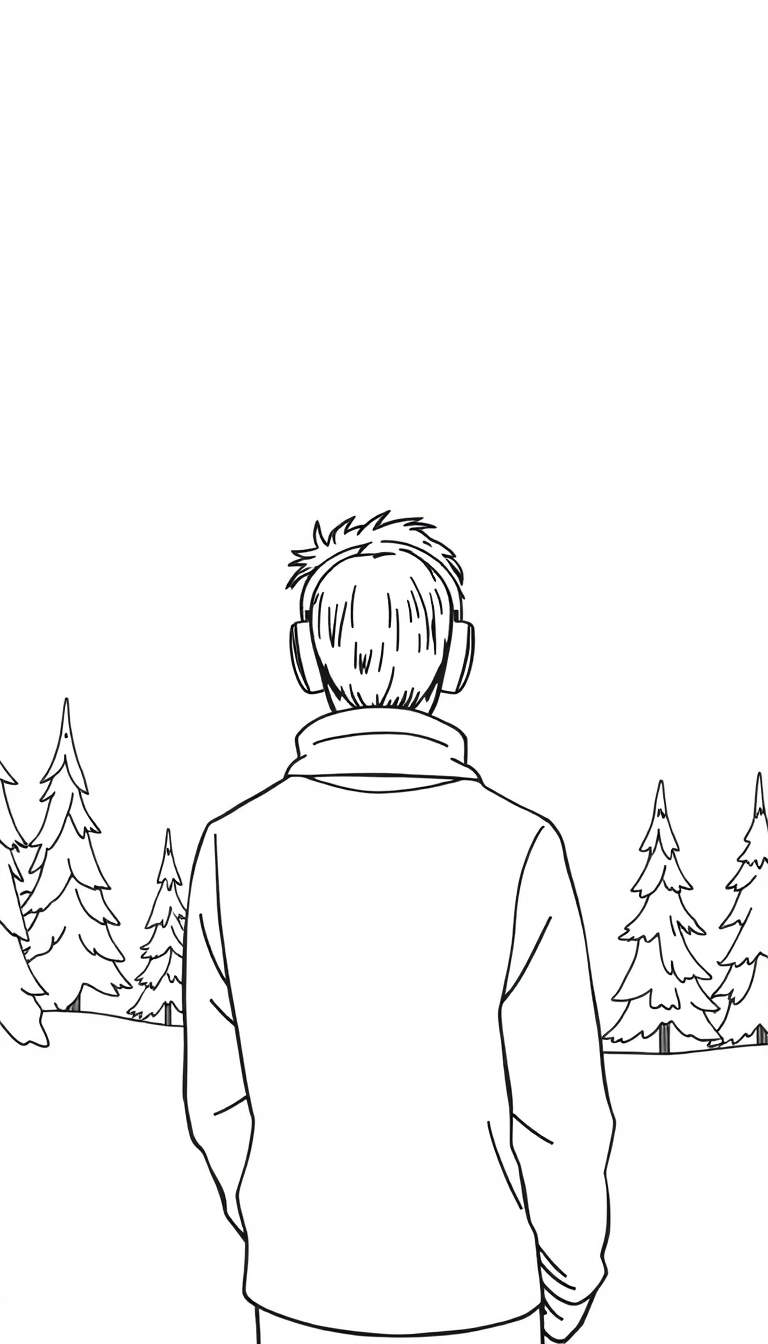 Zwart-wit lijntekening van een jongen met koptelefoon die van achteren wordt gezien, kijkend naar een bos van naaldbomen op een glooiende heuvel.
