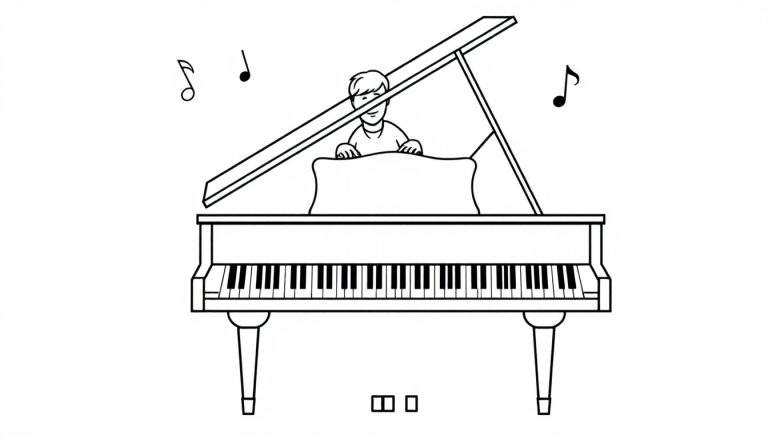 Kleurplaat van een jongen die achter een piano speelt, met muzieknoten zwevend boven de vleugel.