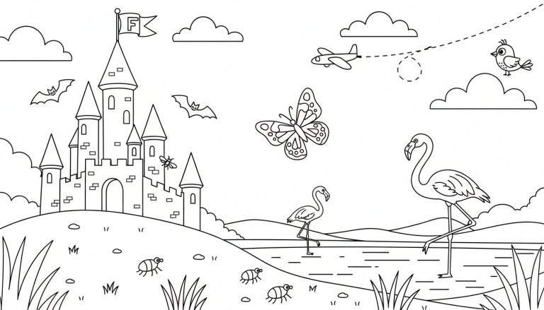 Kleurplaat van een landschap met een kasteel, vleermuizen, een vlinder, een vliegtuigje, flamingo's, insecten en heuvels.