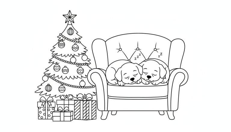Zwart-wit kleurplaat van een gezellige kerstscène met een versierde kerstboom links, cadeautjes onder de boom, een fauteuil rechts, en twee slapende puppy's in de fauteuil.