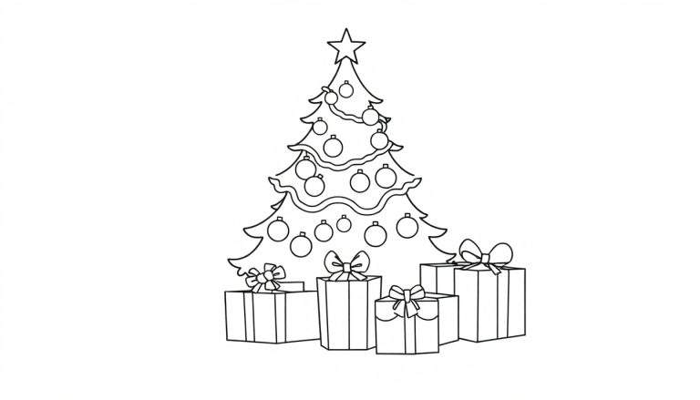 Zwart-wit lijntekening van een kerstboom met ballen, slingers, een ster en vijf cadeaus eronder, klaar om in te kleuren.