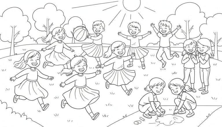 Zwart-wit tekening van twaalf lachende kinderen die buiten spelen in een park met bomen en heuvels op de achtergrond, onder een grote zon.