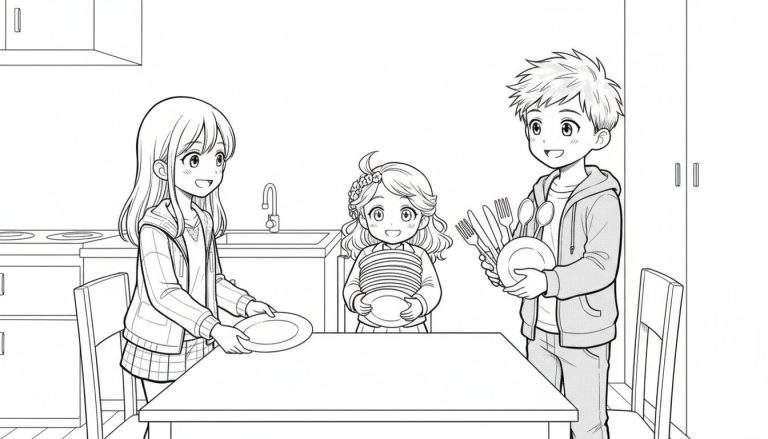 Kleurplaat van drie lachende kinderen die helpen met het dekken van de tafel in een keuken.