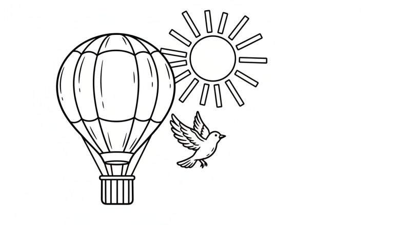Zwart-wit lijntekening van een kleurplaat met een grote luchtballon, een zon en een vliegende vogel.