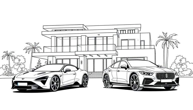 Kleurplaat van een luxueus modern huis met twee sportauto's, palmbomen en struiken.