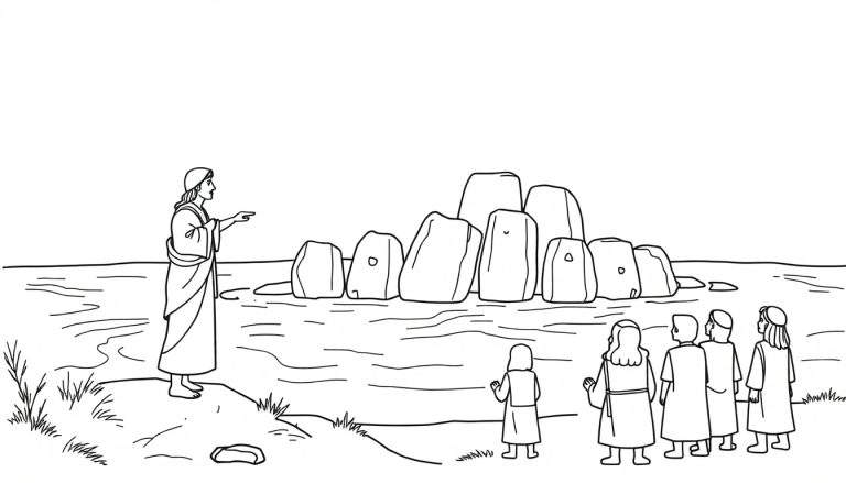 Zwart-wit kleurplaat van een man met lange haren die over een rivier wijst naar rotsen, terwijl een groep mensen aan de andere oever toekijkt.