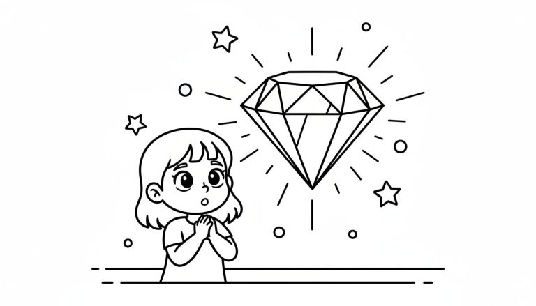 Zwart-wit kleurplaat van een jong meisje met verwonderde ogen dat omhoog kijkt naar een grote, schitterende diamant. Rondom de diamant zijn stralingen, sterretjes en bolletjes getekend.