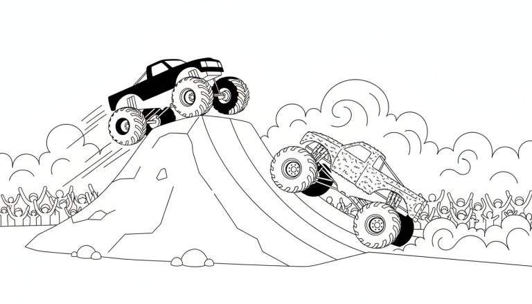Kleurplaat van twee monster trucks die stunts uitvoeren op zandheuvels voor een juichend publiek.