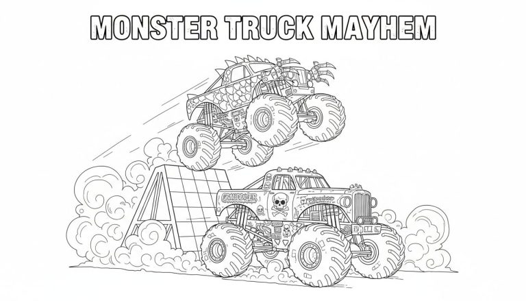 Kleurplaat van twee monstertrucks. Eén truck met een draken uiterlijk springt in de lucht over een schans. Daaronder staat een andere monstertruck met een doodshoofd op de zijkant. Stofwolken benadrukken de actie.