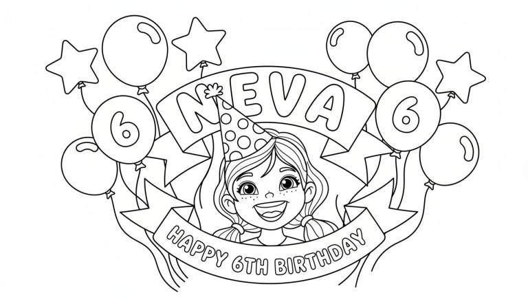Zwart-wit kleurplaat van een lachend meisje met sproetjes en een feesthoed, omringd door ballonnen en sterren voor een 6e verjaardag, met het lint 'NEVA HAPPY 6TH BIRTHDAY'.