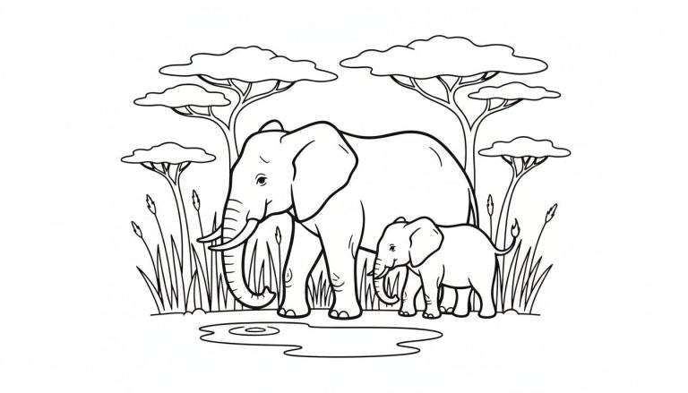 Zwart-wit lijntekening van een grote olifant en een kleintje naast elkaar op een savanne met acaciabomen en een waterpoel. Geschikt als kleurplaat.