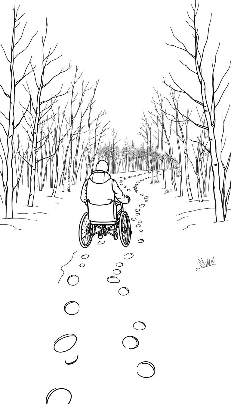 Zwart-wit tekening van een persoon in een warme winterjas en rolstoel, van achteren gezien, die door een besneeuwd bos vol kale bomen rijdt. Voetstappen leiden de weg in.