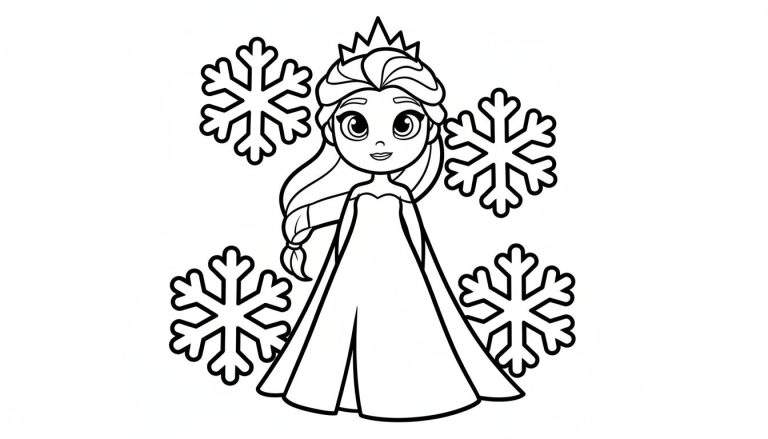 Zwart-wit lijntekening van een tekenfilmprinses vergelijkbaar met Elsa, met kroon, jurk en vier grote sneeuwvlokken.
