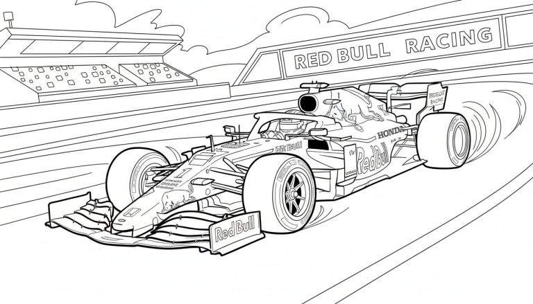 Zwart-witte lijntekening van een Red Bull Racing Formule 1-auto, nummer 1, met coureur in actie op een racecircuit. Op de achtergrond een RED BULL RACING bord en een tribune. Wolken boven.