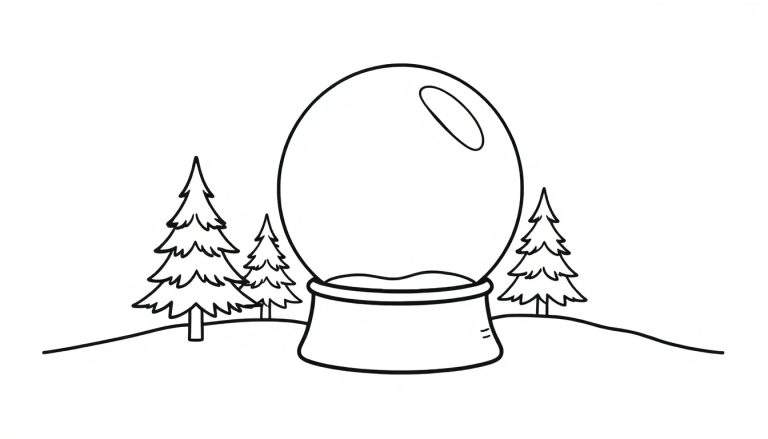 Kleurplaat van een lege sneeuwbol met een reflectie, staand op een voetstuk, omringd door drie dennenbomen op een besneeuwd heuvelachtig landschap. Eenvoudige zwart-wit lijntekening.