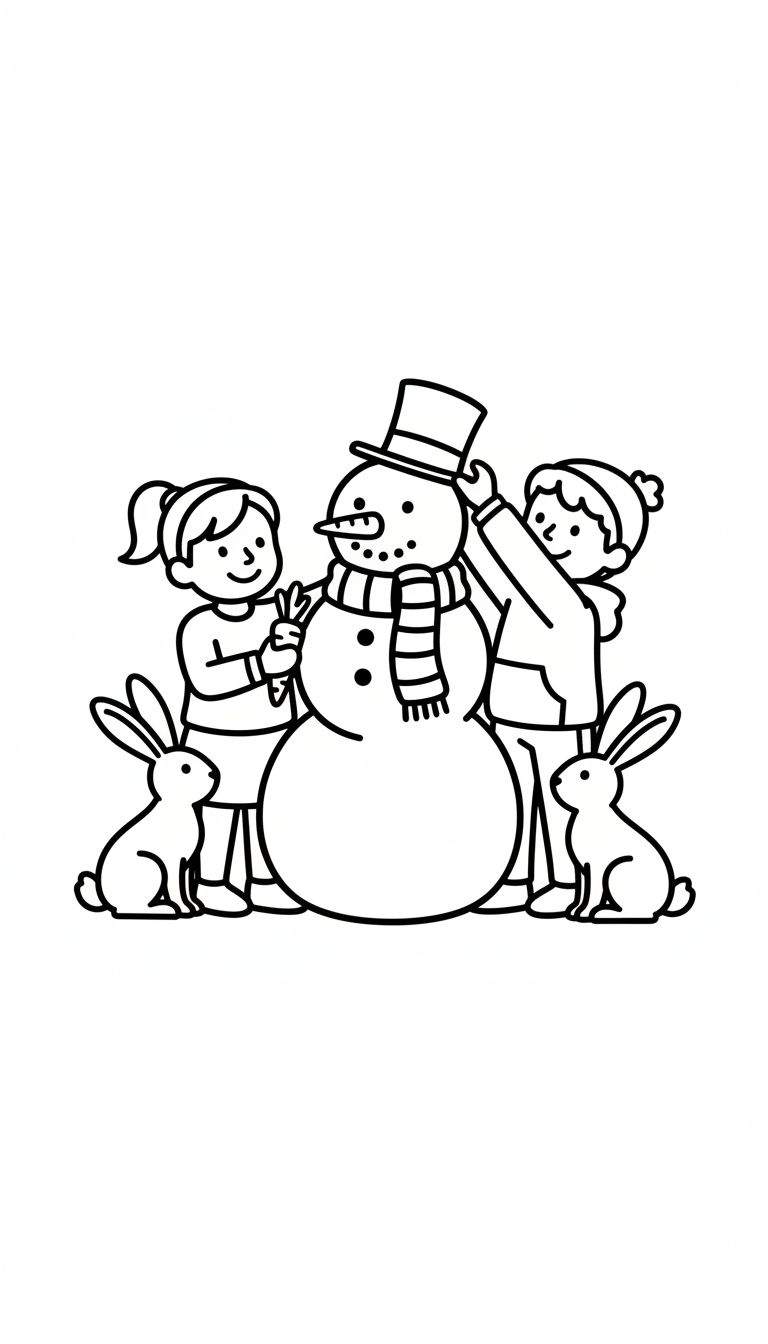 Kleurplaat van een sneeuwpop die wordt versierd door een jongen en een meisje, met twee konijnen die toekijken.